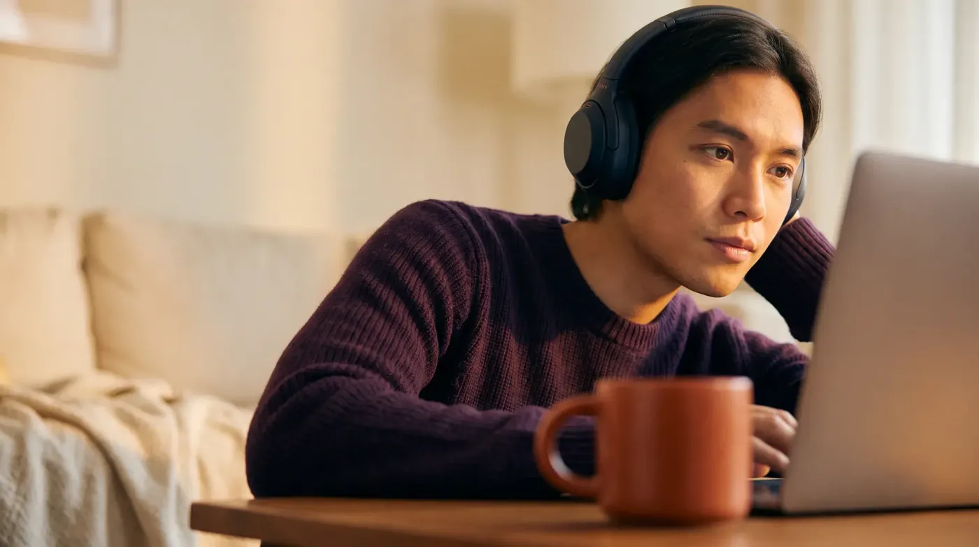 Apprenant avec un casque suivant sa formation à distance sur son ordinateur portable, chez lui